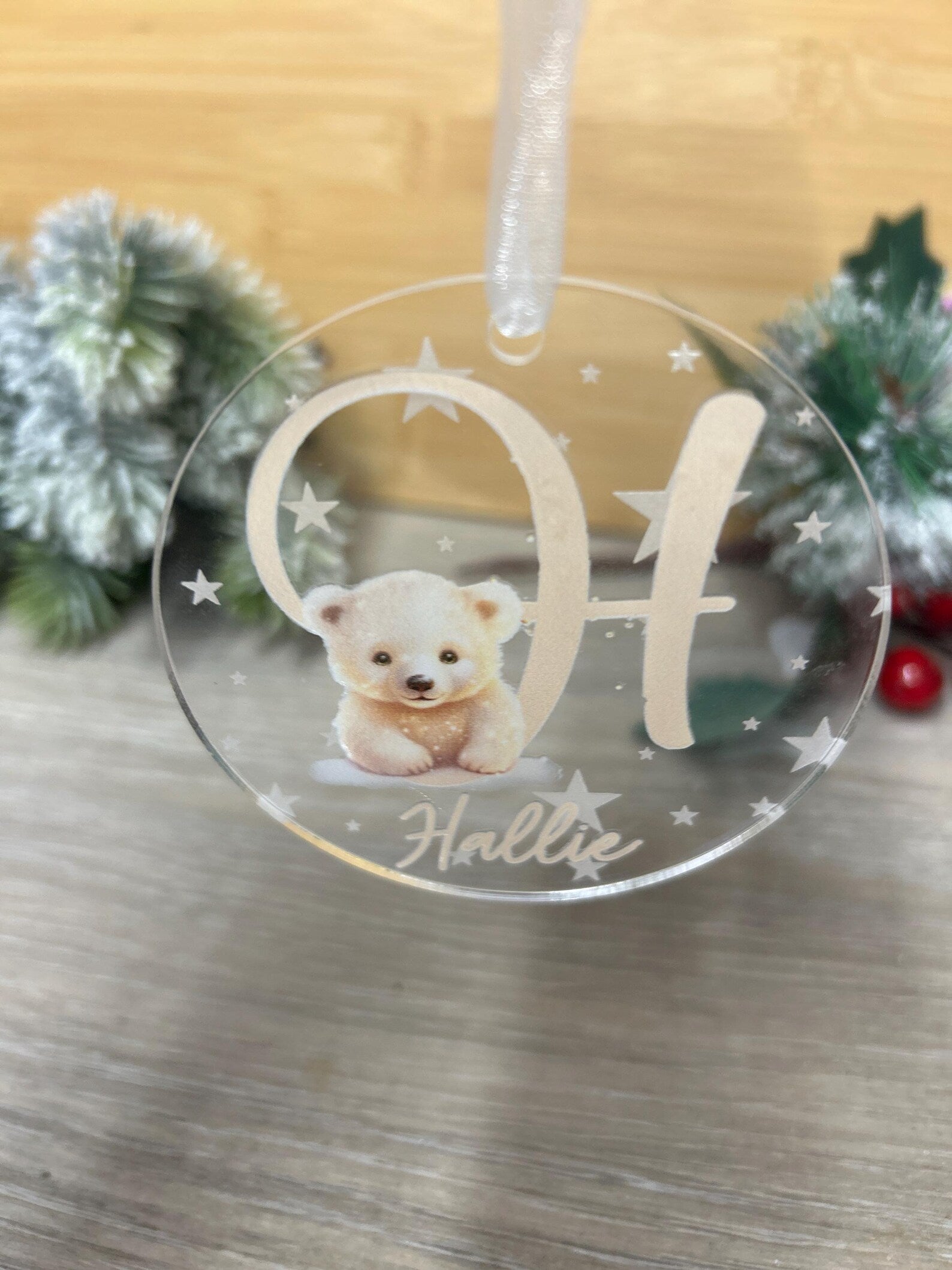 Personalised Acrylic Christmas Bauble – Engraved Stars & Cute Polar Bear Design – Custom Name and Initial.