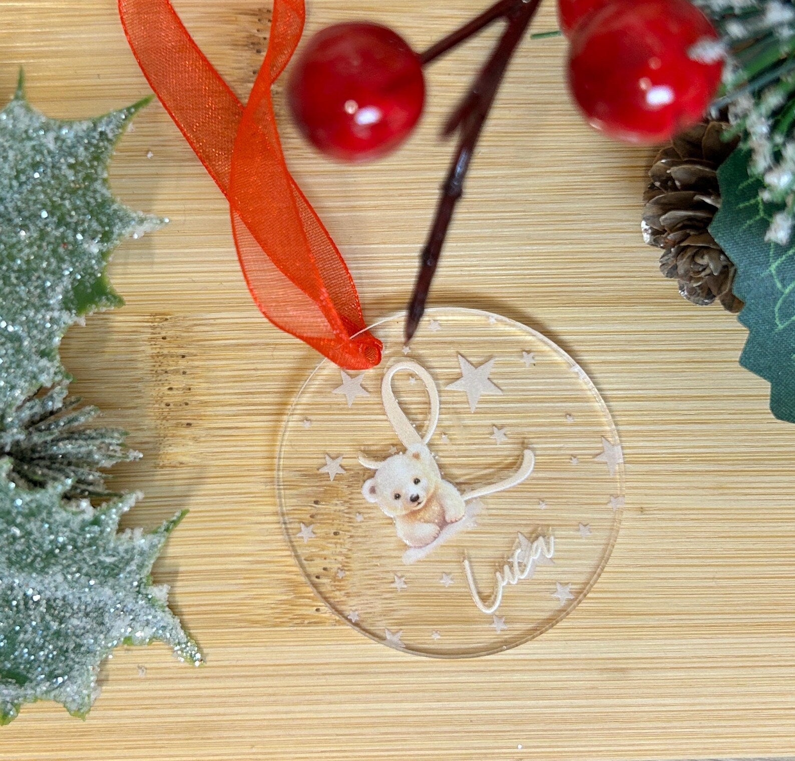Personalised Acrylic Christmas Bauble – Engraved Stars & Cute Polar Bear Design – Custom Name and Initial.
