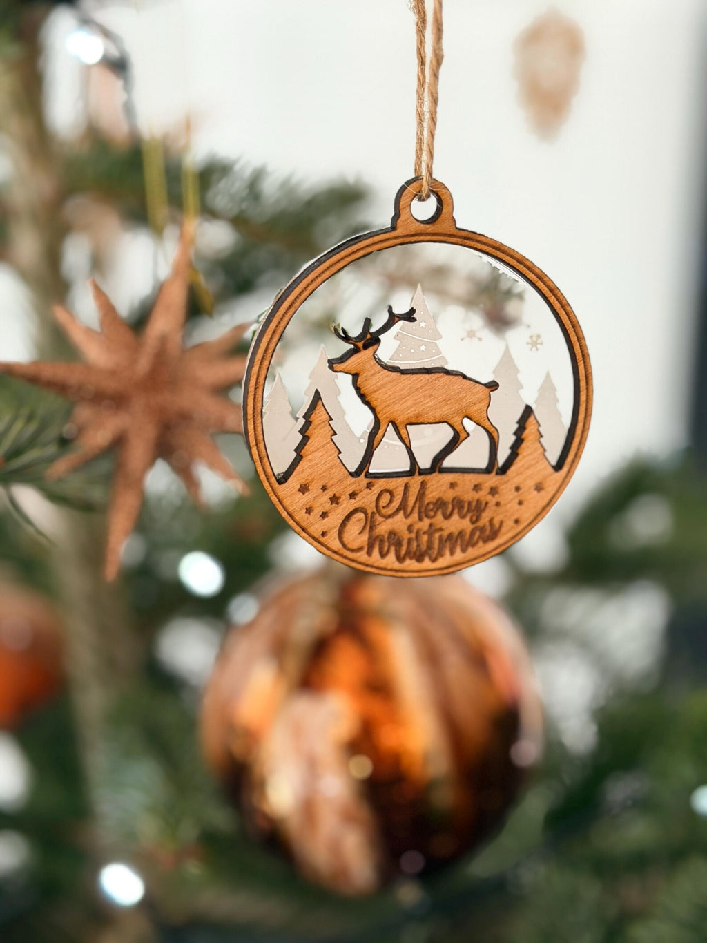 Charming Layered Deer Christmas Bauble – Personalised Xmas Tree Decoration