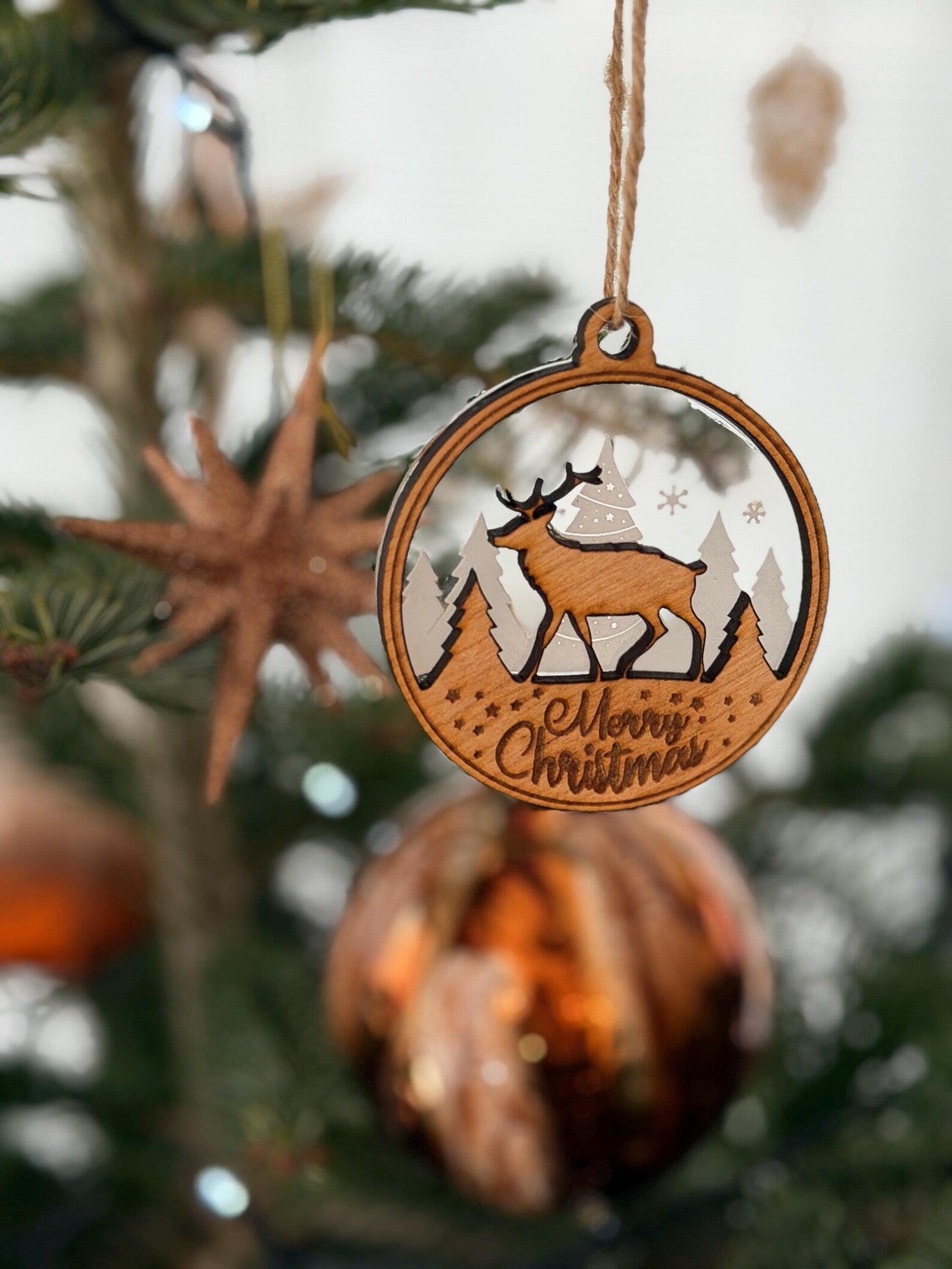 Charming Layered Deer Christmas Bauble – Personalised Xmas Tree Decoration  Set of 4