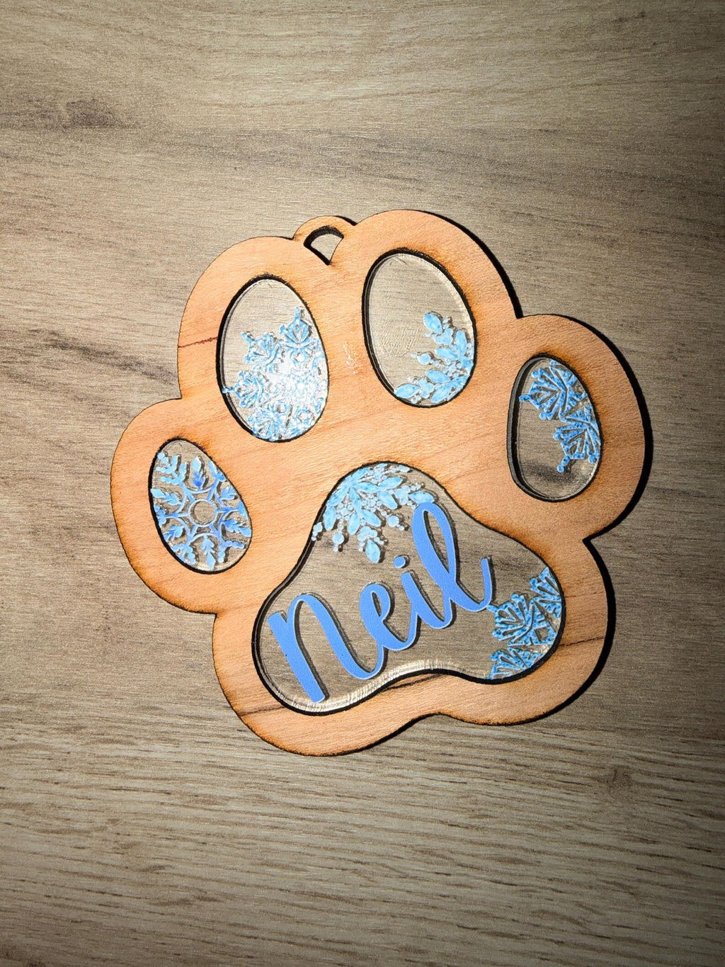 Personalised Pet Bauble – Wooden and coloured Christmas Ornament – Snowflake Design, Custom Name,