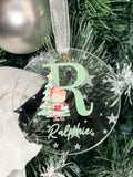 Personalised Acrylic Christmas Bauble – Engraved Stars & Cute Elf Design – Custom Name and Initial.