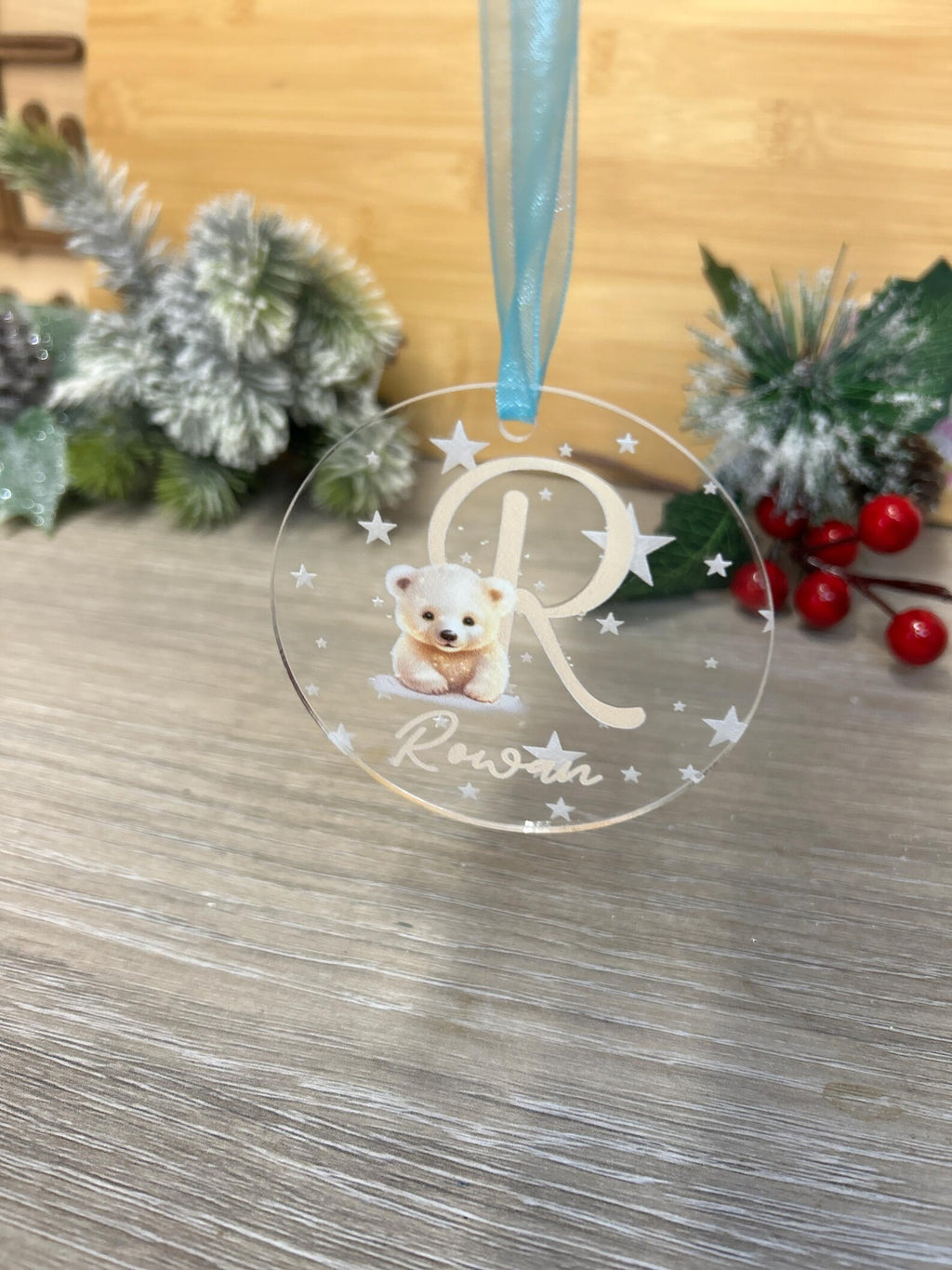 Personalised Acrylic Christmas Bauble – Engraved Stars & Cute Polar Bear Design – Custom Name and Initial.