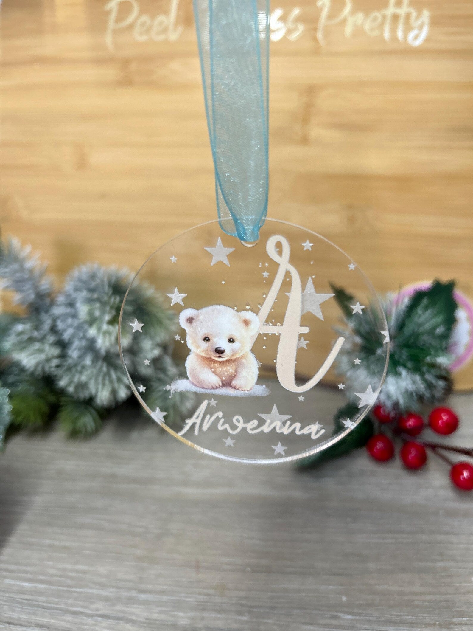 Personalised Acrylic Christmas Bauble – Engraved Stars & Cute Polar Bear Design – Custom Name and Initial.