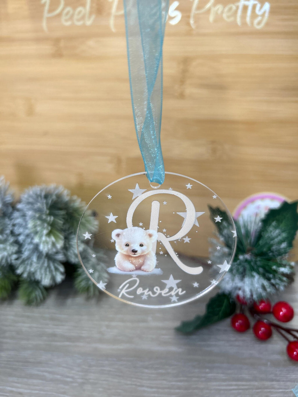 Personalised Acrylic Christmas Bauble – Engraved Stars & Cute Polar Bear Design – Custom Name and Initial.