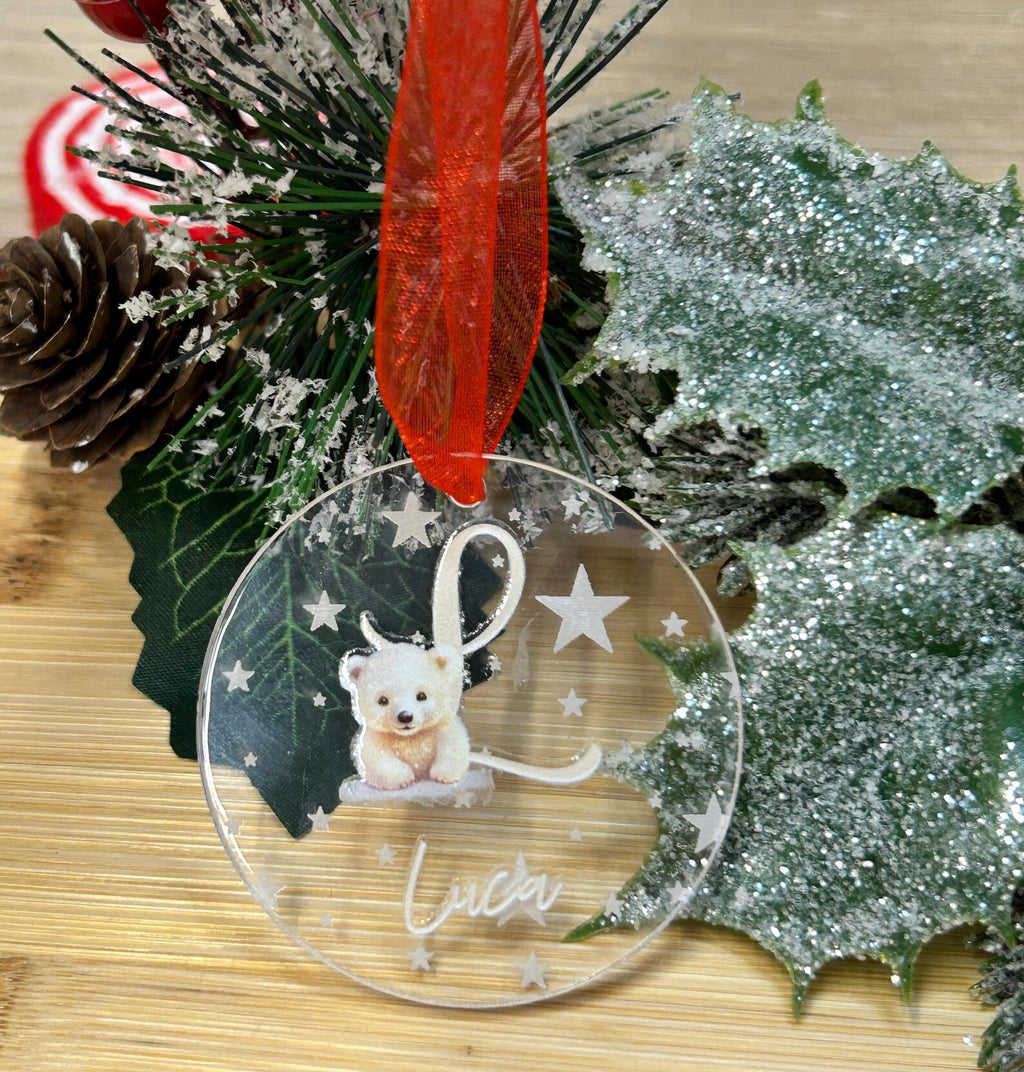 Personalised Acrylic Christmas Bauble – Engraved Stars & Cute Polar Bear Design – Custom Name and Initial.