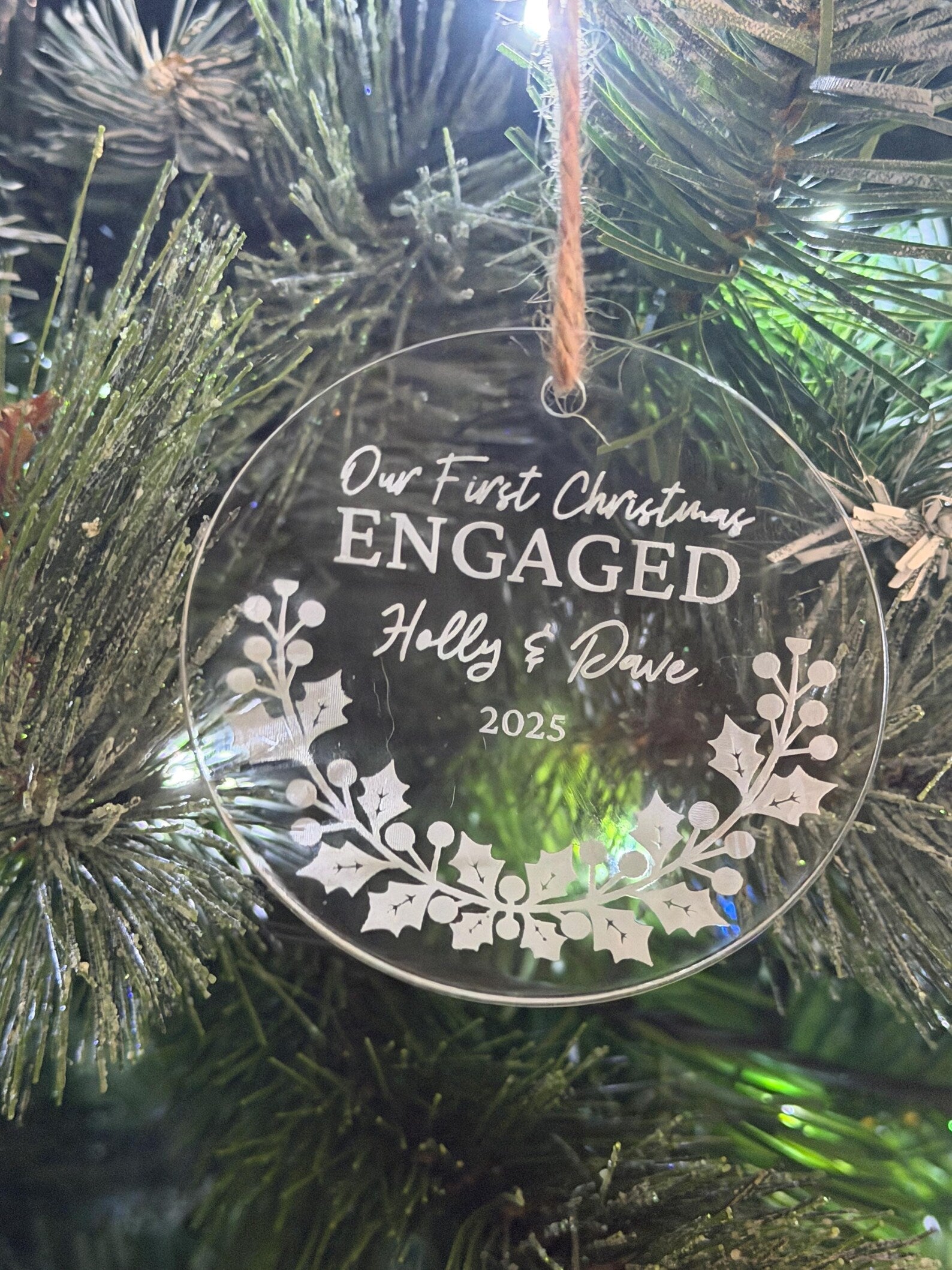 Luxury Personalised Our First Christmas Engaged Ornament | Elegant Acrylic Engagement Keepsake | Custom Couple Christmas Bauble
