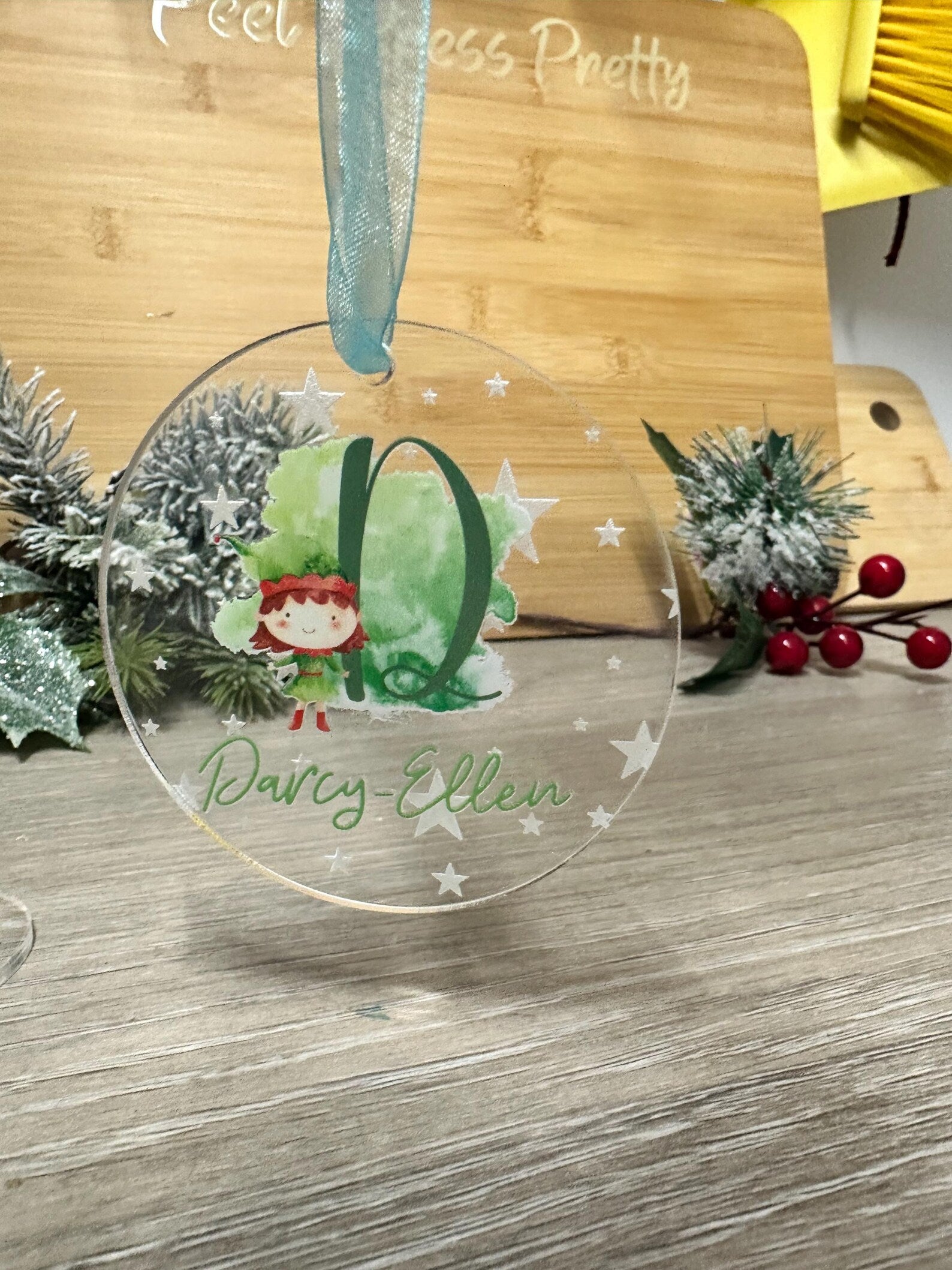 Personalised Acrylic Christmas Bauble – Engraved Stars & Cute Elf Design – Custom Name and Initial.