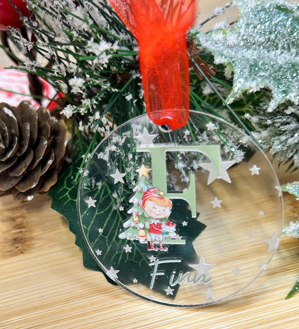 Personalised Acrylic Christmas Bauble – Engraved Stars & Cute Elf Design – Custom Name and Initial.