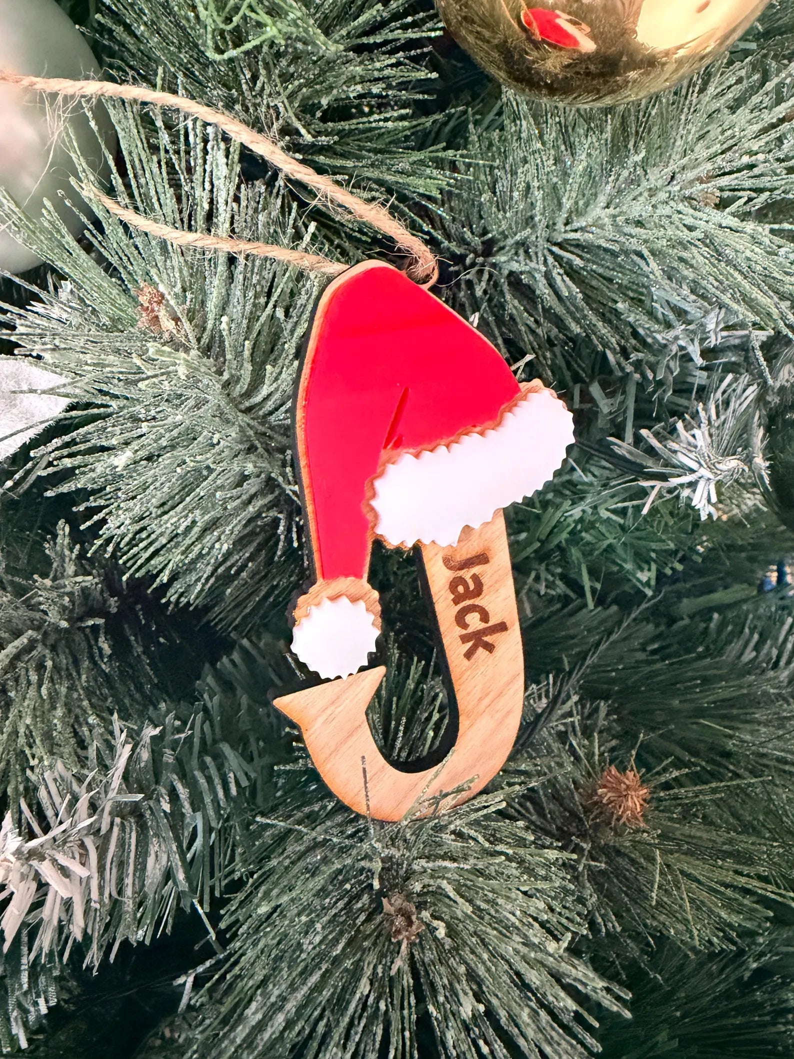 Personalised Christmas Initial Ornament A–Z, Wooden Letter with Santa Hat, Custom Name Tree Decoration