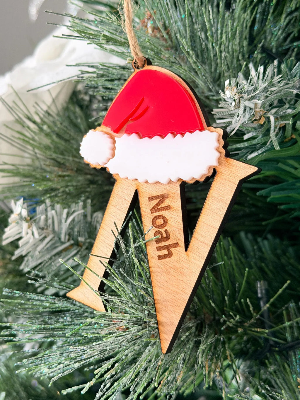 Personalised Christmas Initial Ornament A–Z, Wooden Letter with Santa Hat, Custom Name Tree Decoration