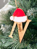 Personalised Christmas Initial Ornament A–Z, Wooden Letter with Santa Hat, Custom Name Tree Decoration