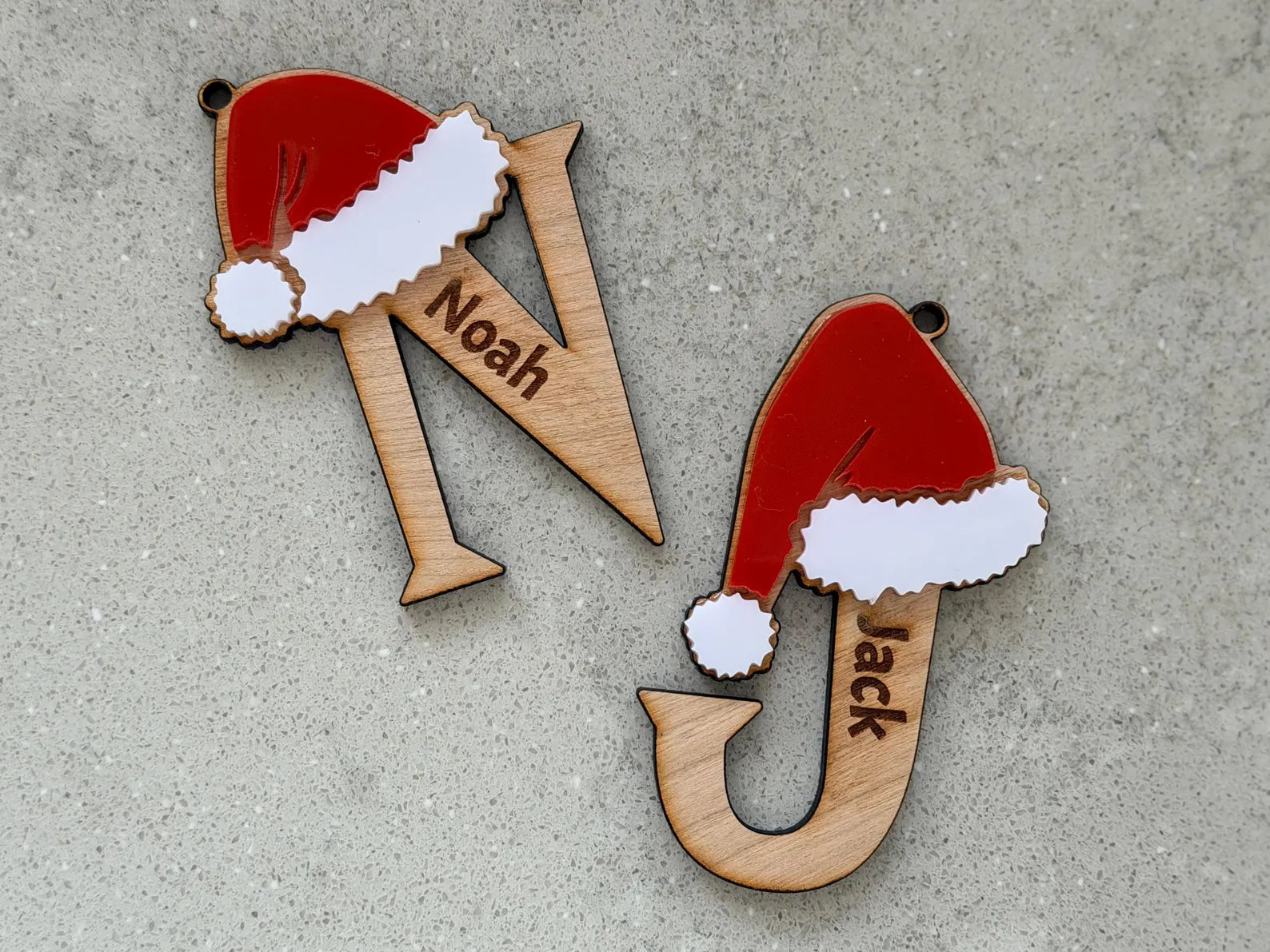 Personalised Christmas Initial Ornament A–Z, Wooden Letter with Santa Hat, Custom Name Tree Decoration