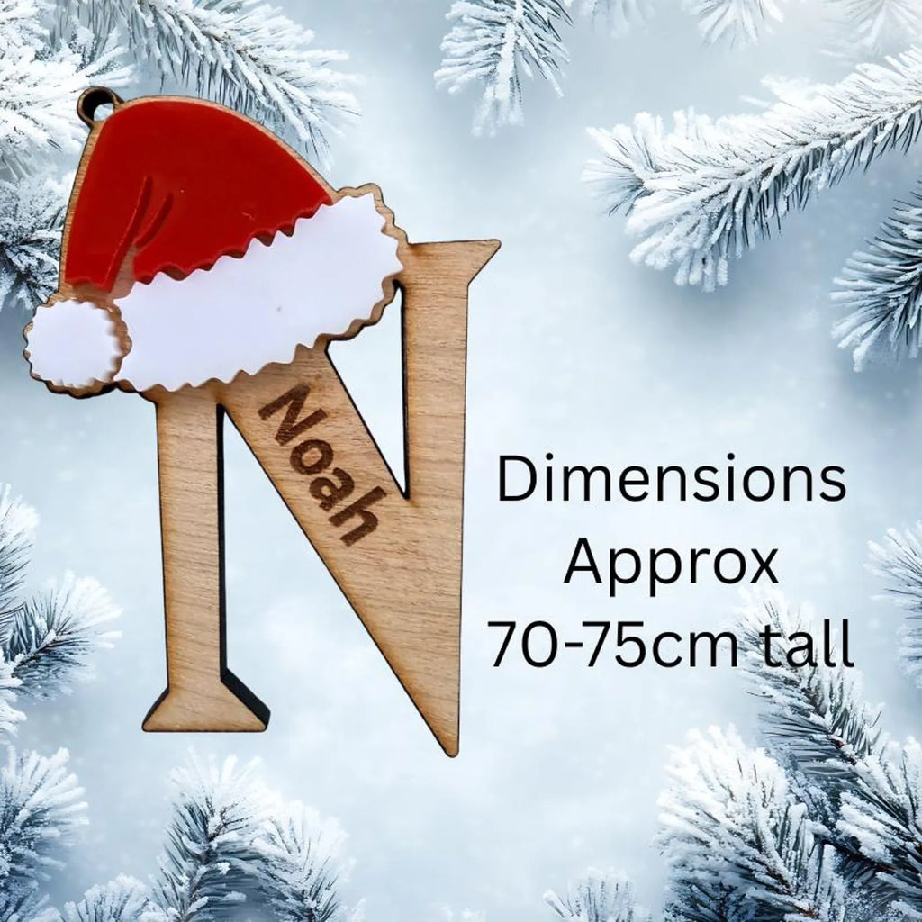 Personalised Christmas Initial Ornament A–Z, Wooden Letter with Santa Hat, Custom Name Tree Decoration