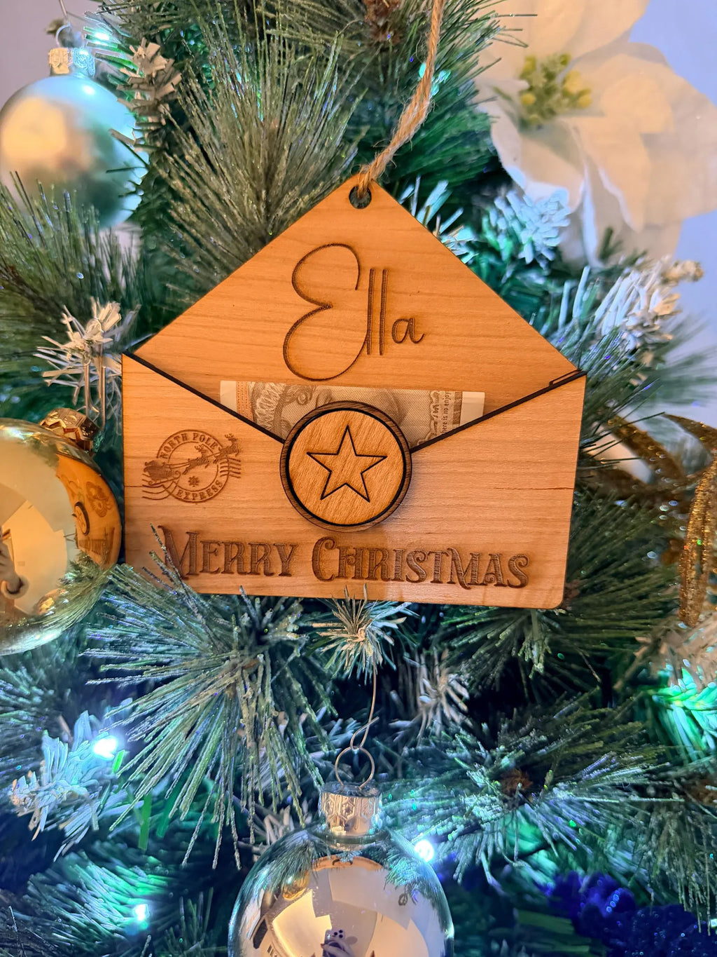 Personalised Wooden Christmas Envelope – Money or Gift Card Holder Bauble – Custom Tree Hanging Cash Gift