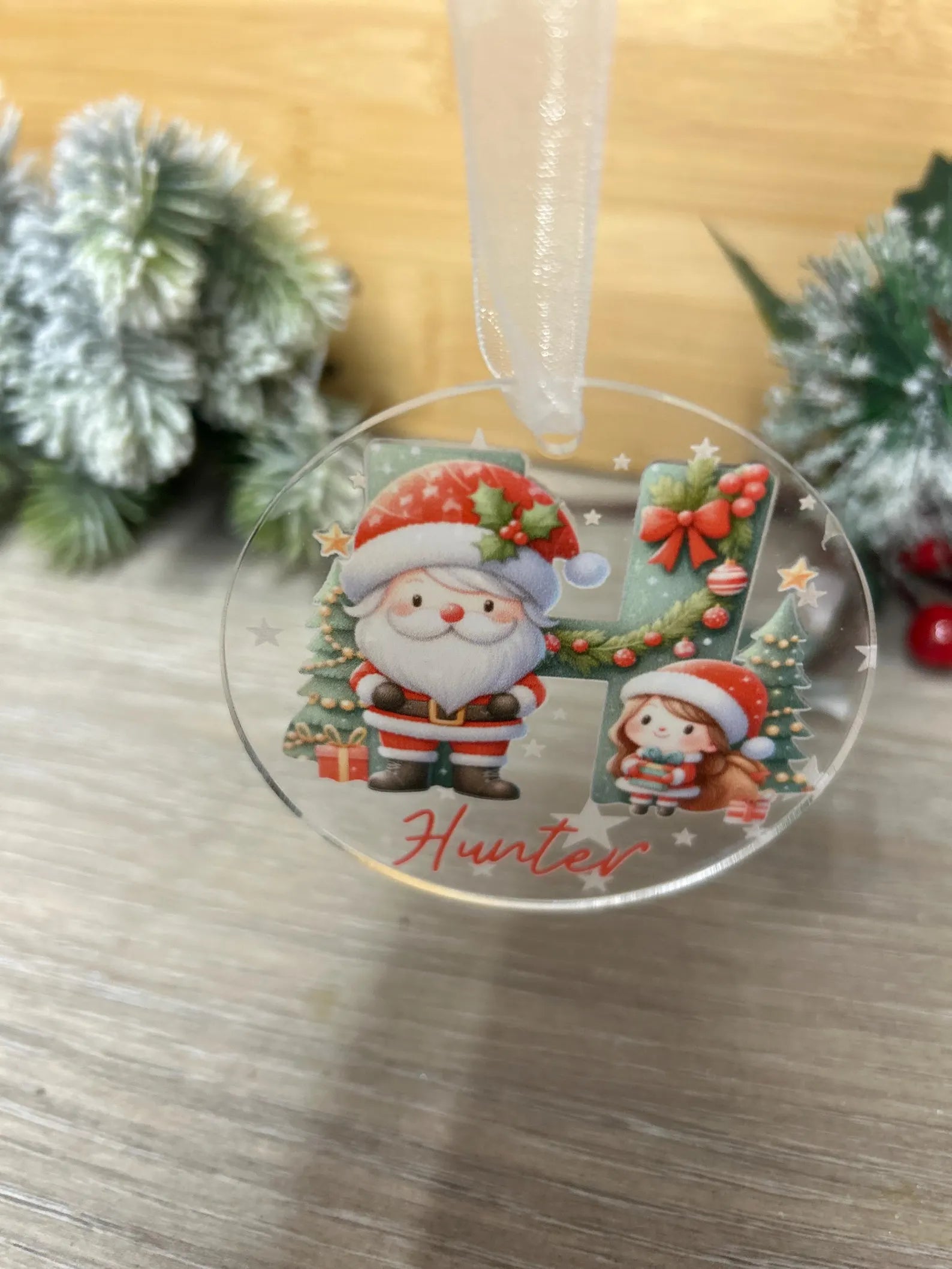 Santa Personalised Acrylic Christmas Bauble – Engraved Stars & Cute Christmas Design – Custom Name and Initial.