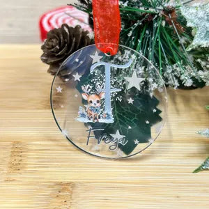 Personalised Acrylic Christmas Bauble – Engraved Stars & Cute Reindeer Design – Custom Name and Initial.