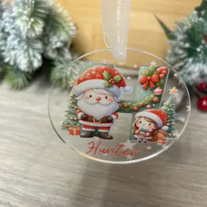 Santa Personalised Acrylic Christmas Bauble – Engraved Stars & Cute Christmas Design – Custom Name and Initial.