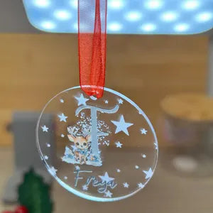 Personalised Acrylic Christmas Bauble – Engraved Stars & Cute Reindeer Design – Custom Name and Initial.
