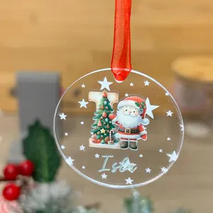 Santa Personalised Acrylic Christmas Bauble – Engraved Stars & Cute Christmas Design – Custom Name and Initial.
